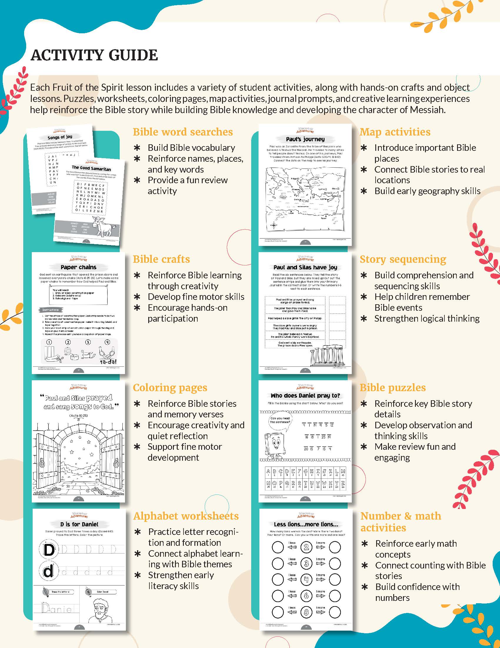  Bible curriculum titled 'Fruit of the Spirit' for grades K-2. An educational activity guide poster for a Bible-themed unit, featuring a grid of lesson cards with titles like Bible word searches, bible craft, coloring pages, story sequencing, Bible puzzles, alphabet worksheets, and number & math activities, complete with bullet points and small preview images of worksheets and craft materials.