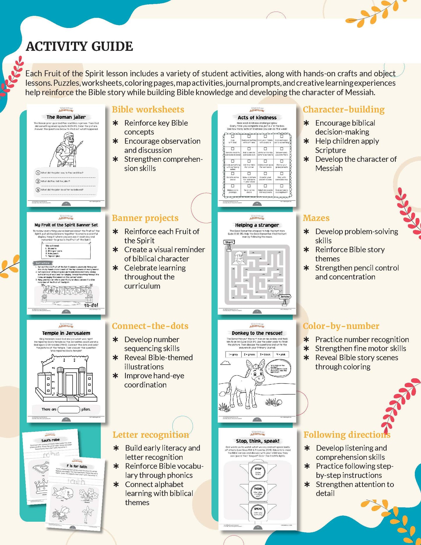  Bible curriculum titled 'Fruit of the Spirit' for grades K-2. An educational activity guide poster for a Bible lesson, featuring a light teal background with white panels, black text, and colorful illustrations of biblical scenes and characters.