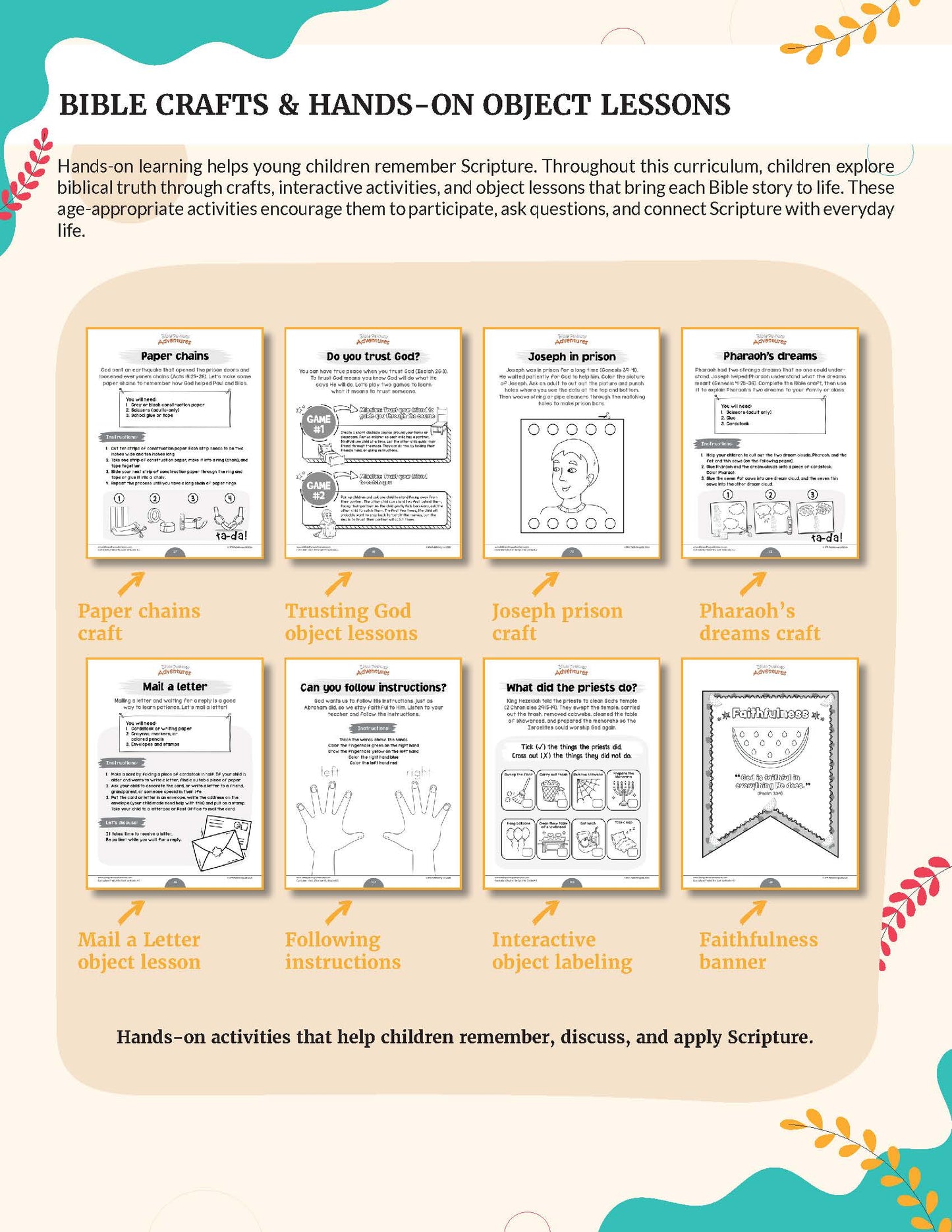  Bible curriculum titled 'Fruit of the Spirit' for grades K-2. A printed curriculum-style page for Bible crafts and hands-on object lessons, showing multiple activity sheets arranged in a grid with decorative teal and beige border graphics.