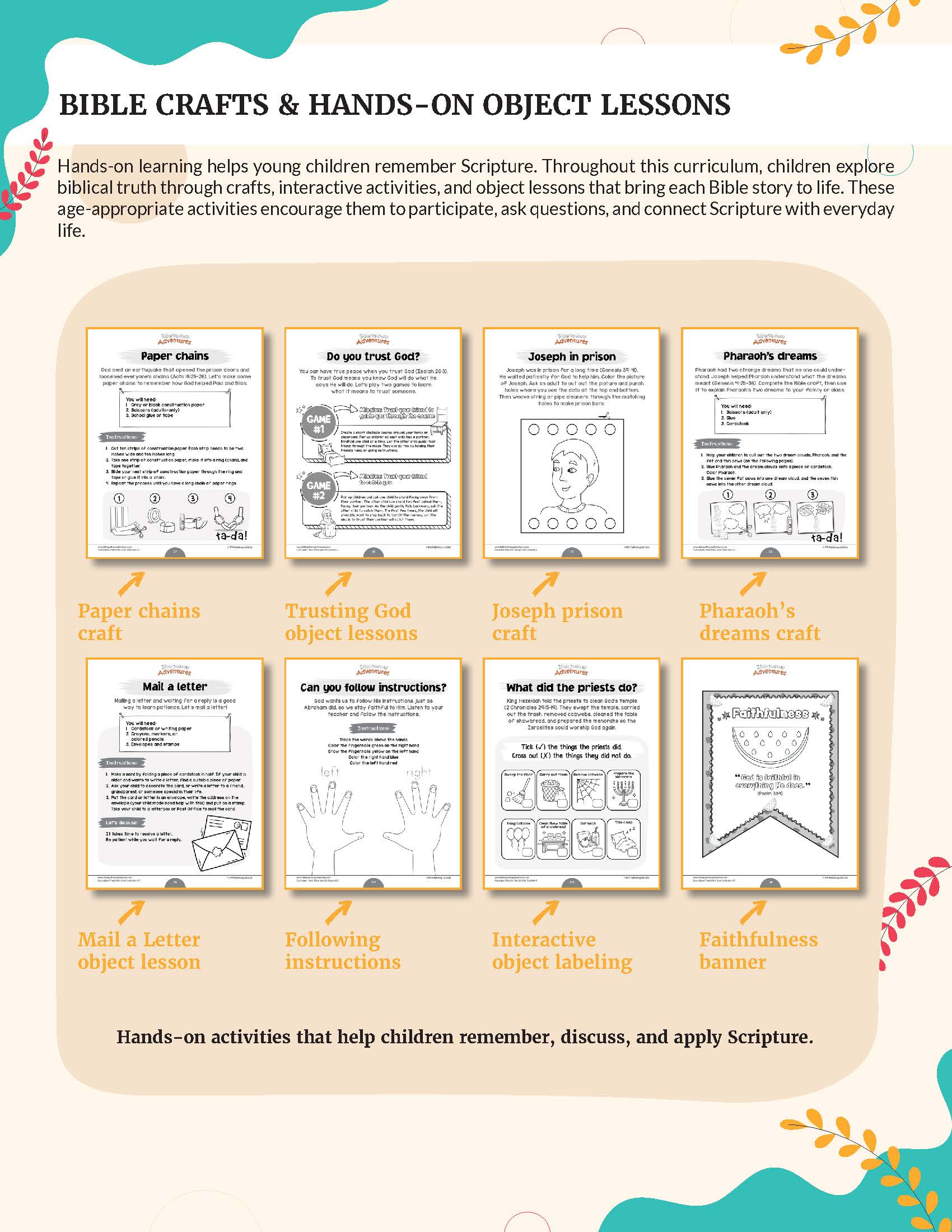  Bible curriculum titled 'Fruit of the Spirit' for grades K-2. A printed curriculum-style page for Bible crafts and hands-on object lessons, showing multiple activity sheets arranged in a grid with decorative teal and beige border graphics.
