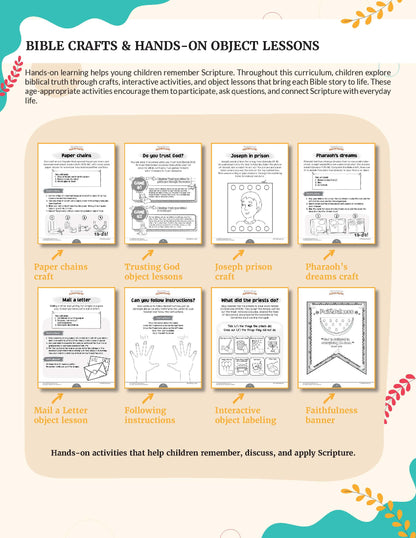  Bible curriculum titled 'Fruit of the Spirit' for grades K-2. A printed curriculum-style page for Bible crafts and hands-on object lessons, showing multiple activity sheets arranged in a grid with decorative teal and beige border graphics.