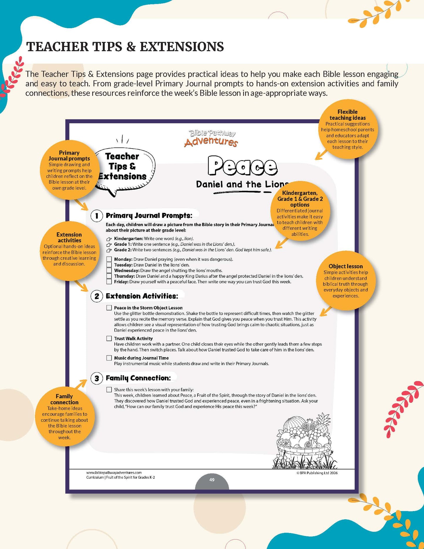  Bible curriculum titled 'Fruit of the Spirit' for grades K-2. A printed educational poster titled 'Teacher Tips & Extensions' for the Adventures Peace Daniel and the Lion Bible activity, featuring text instructions, primary journal prompts, extension activities, family connection ideas, and decorative orange callout bubbles on a white background.