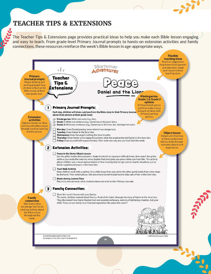  Bible curriculum titled 'Fruit of the Spirit' for grades K-2. A printed educational poster titled 'Teacher Tips & Extensions' for the Adventures Peace Daniel and the Lion Bible activity, featuring text instructions, primary journal prompts, extension activities, family connection ideas, and decorative orange callout bubbles on a white background.