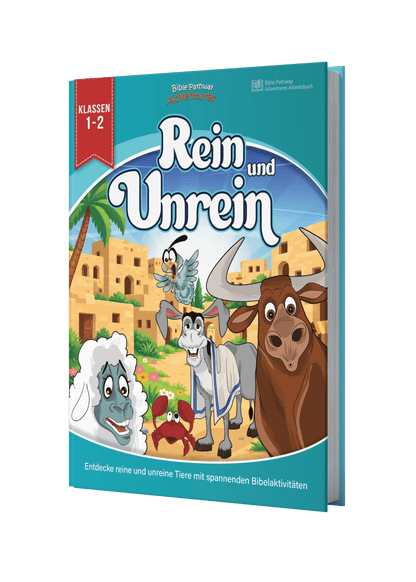 A children's book titled "Rein und Unrein" shown standing upright against a plain white background. The cover features colorful cartoon illustrations of a sheep, a goat, a cow, a bird, and a crab in a desert-like setting, with a teal upper section and a multicolored illustrated lower section.