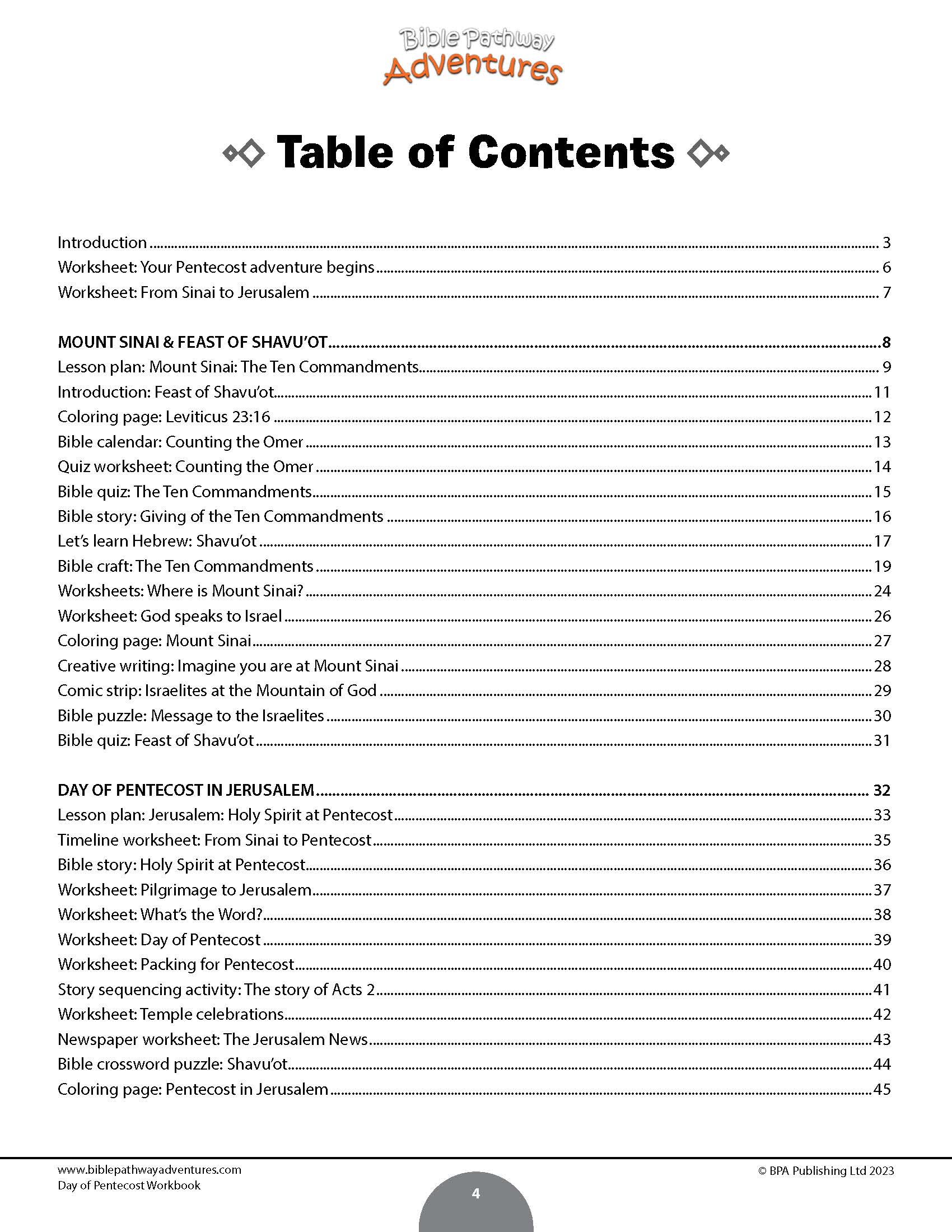 Day of Pentecost Workbook Table of contents for a Pentecostal resource with various lesson plans and activities.