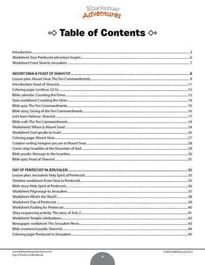 Day of Pentecost Workbook Table of contents for a Pentecostal resource with various lesson plans and activities.