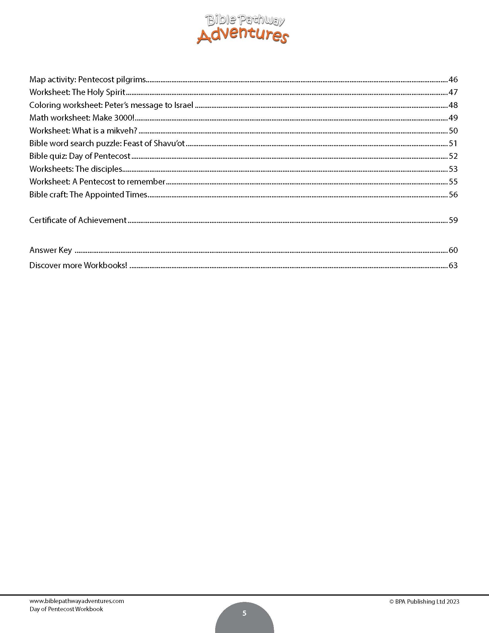 Day of Pentecost Workbook Table of contents page from a workbook with various activities and worksheets listed.