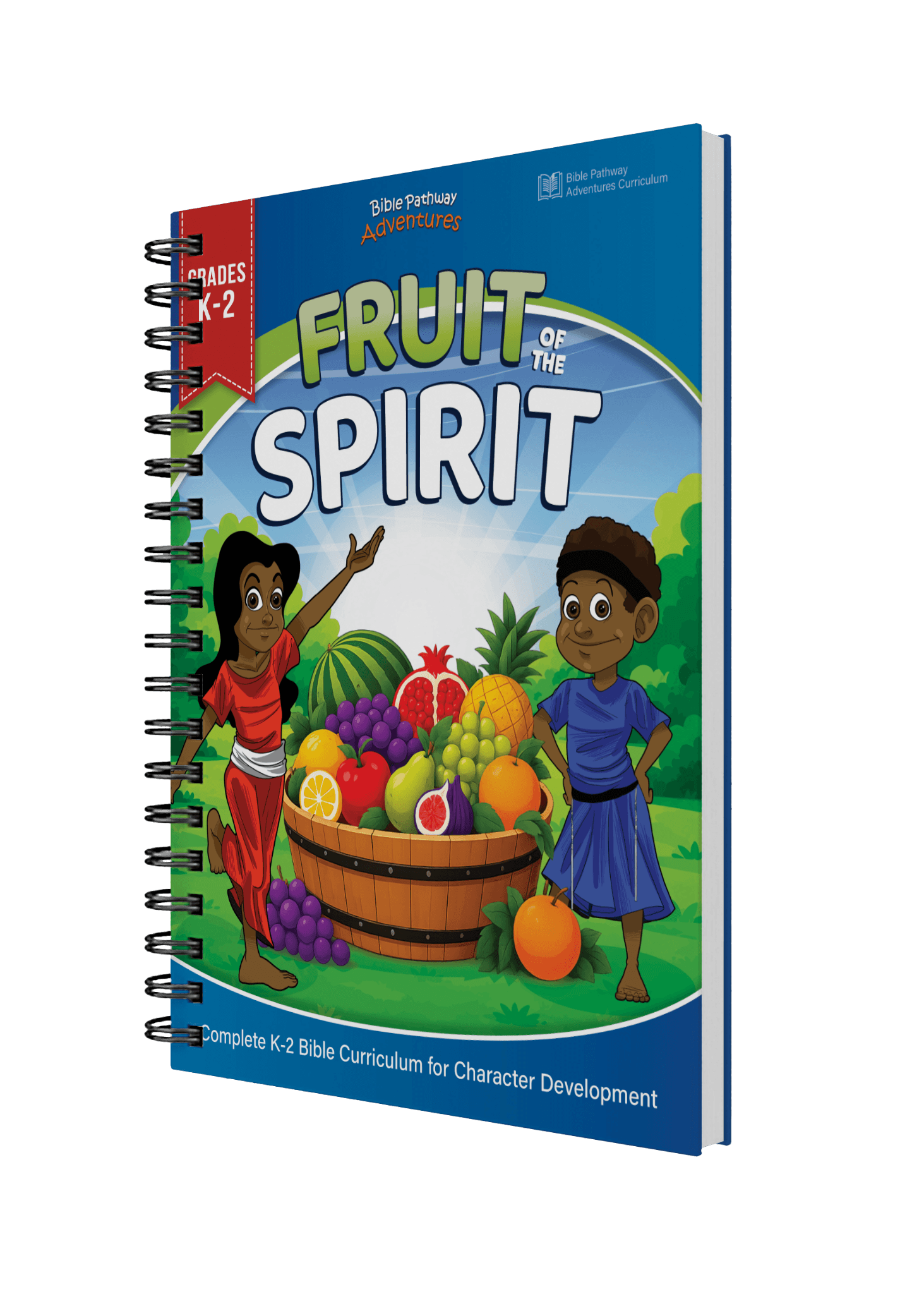 A spiral-bound children's Bible curriculum book titled 'Fruit of the Spirit' by Blue Pathway Adventures, shown at an angle against a solid black background.