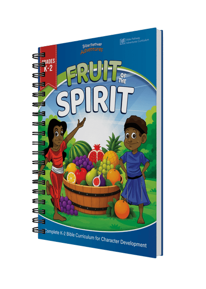A spiral-bound children's Bible curriculum book titled 'Fruit of the Spirit' by Blue Pathway Adventures, shown at an angle against a solid black background.