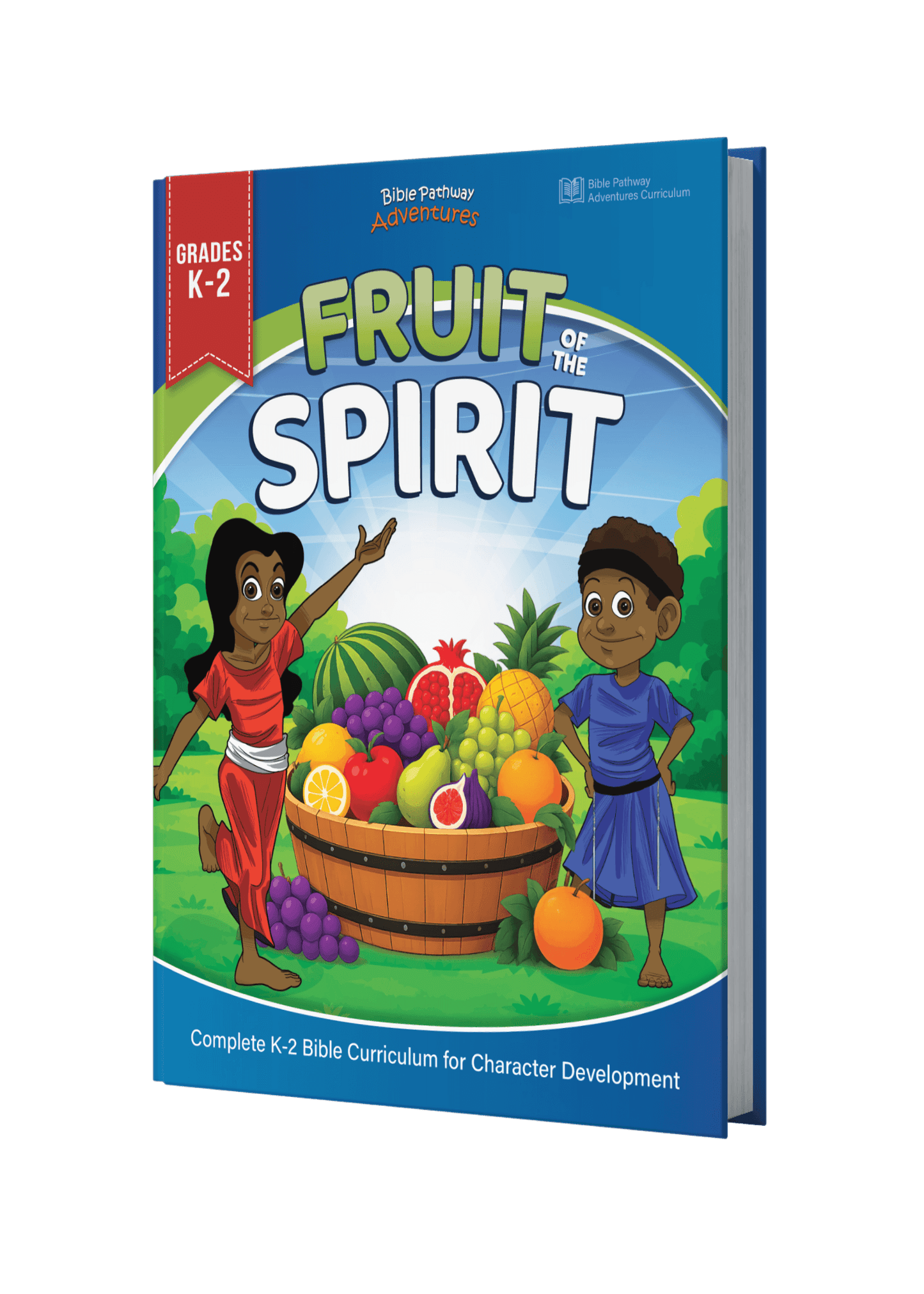 A 3D book mockup of 'Fruit of the Spirit' K-2 Bible curriculum 