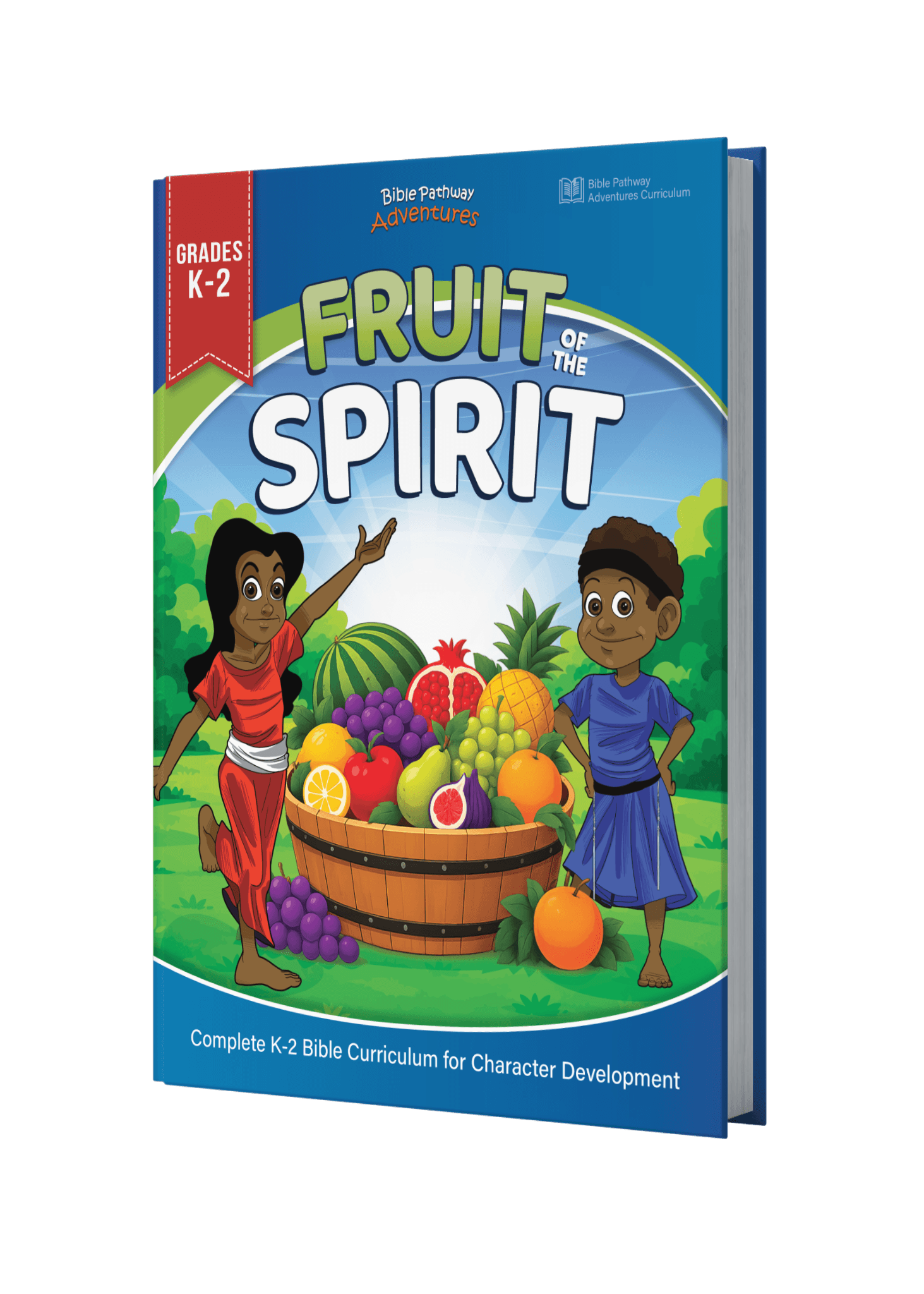 A 3D book mockup of 'Fruit of the Spirit' K-2 Bible curriculum 