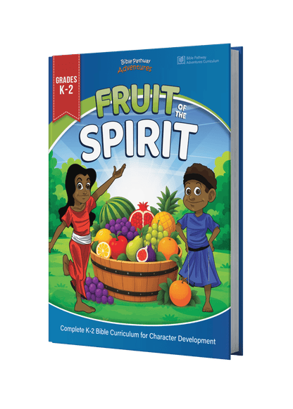 A 3D book mockup of 'Fruit of the Spirit' K-2 Bible curriculum 