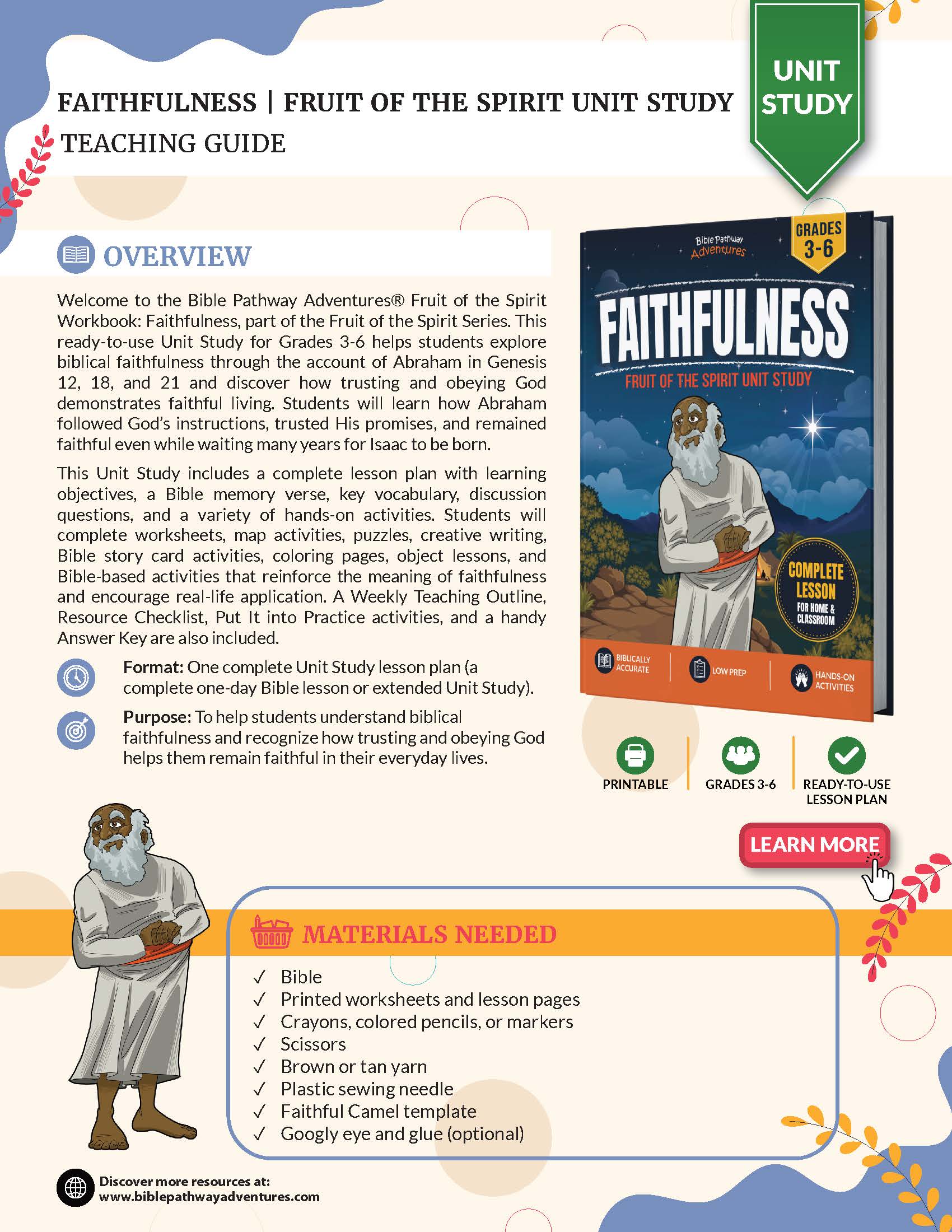 Teaching guide for 'Faithfulness' from the Bible Pathway Adventure Fruit of the Spirit series, featuring a cover of the workbook and an overview of the unit study.