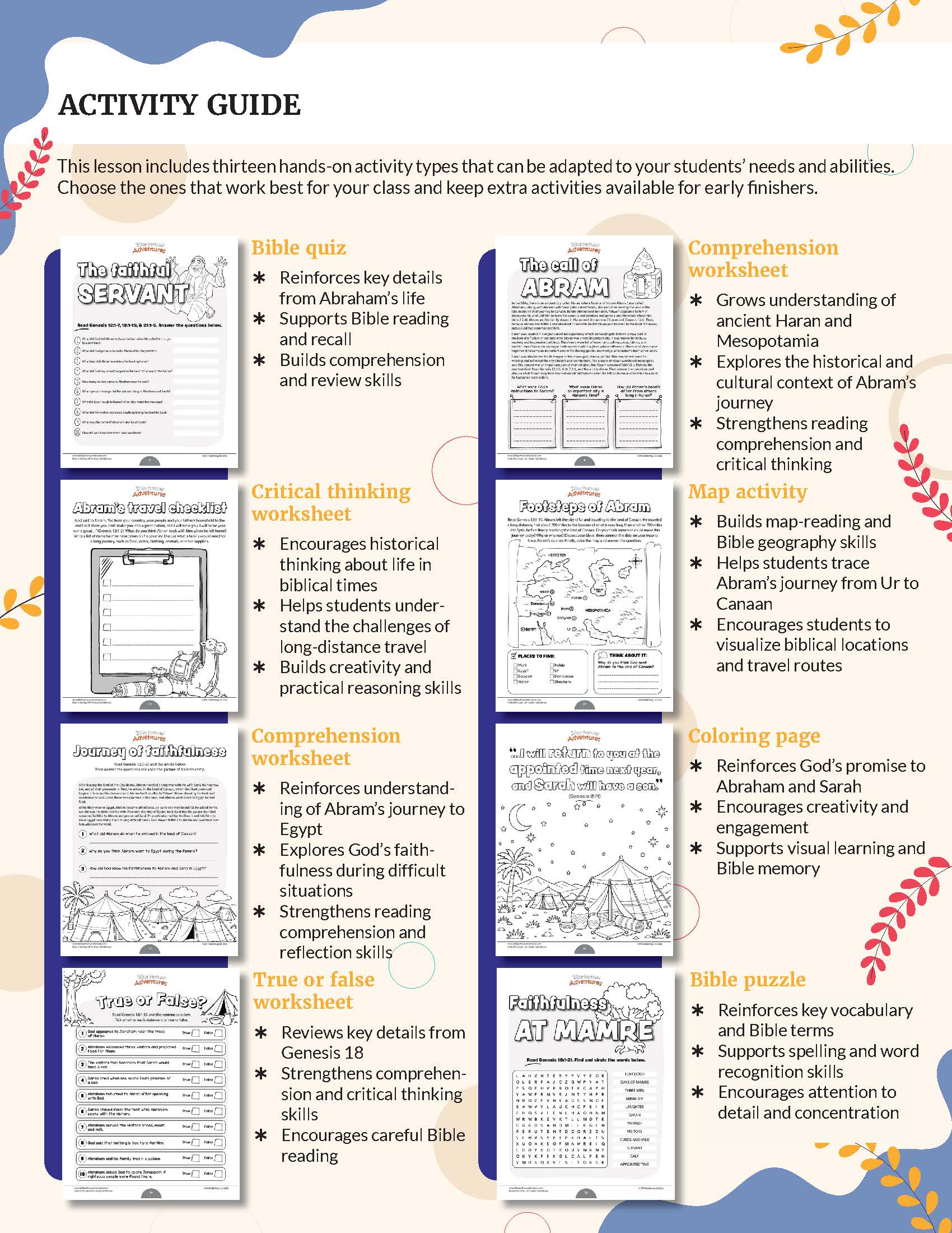 Faithfulness - Fruit of the Spirit Bible lesson Activity guide with various educational worksheets on a white background