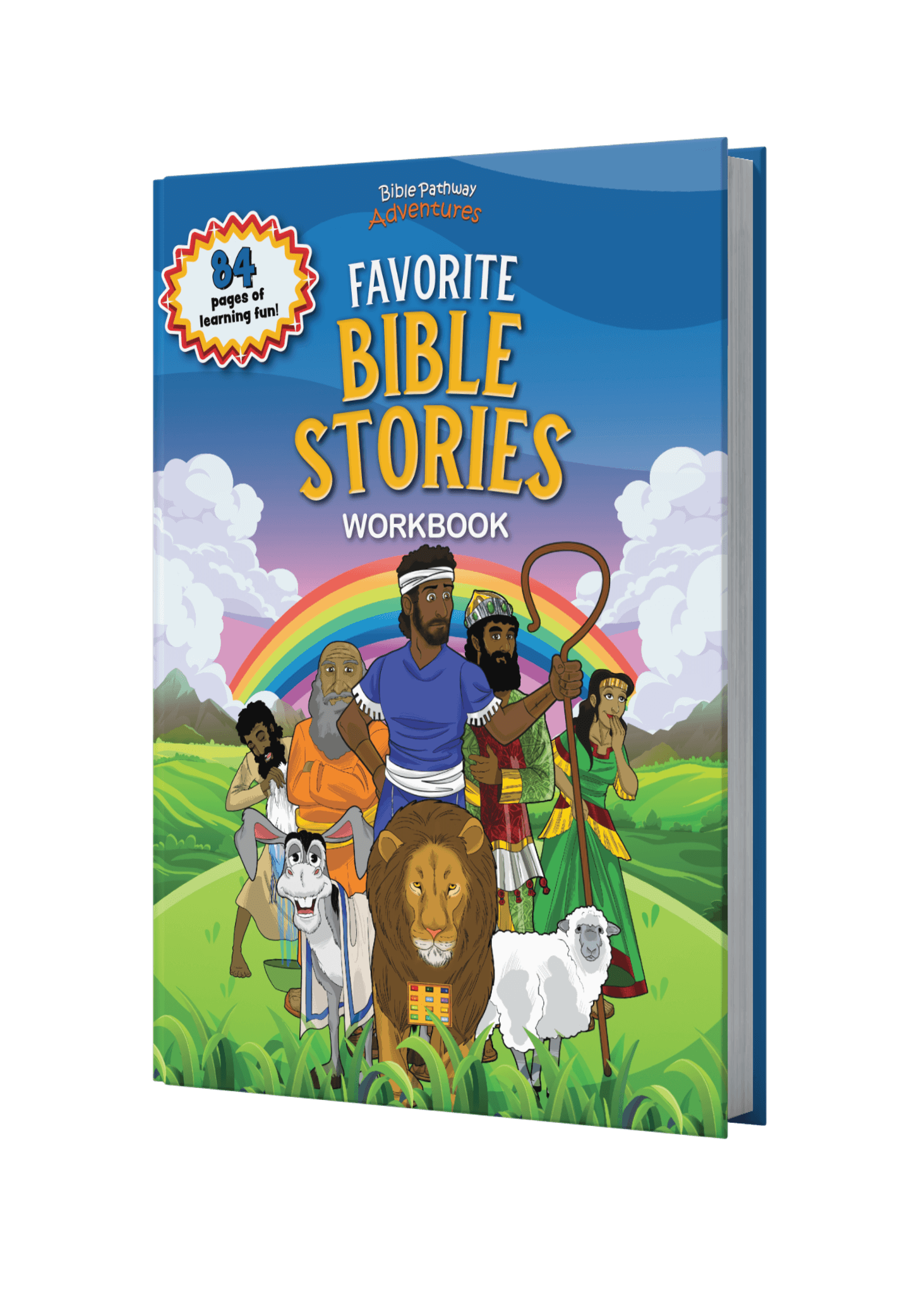 Workbook titled 'Favorite Bible Stories' with colorful illustrations on a black background
