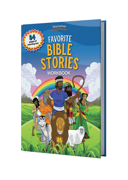 Workbook titled 'Favorite Bible Stories' with colorful illustrations on a black background