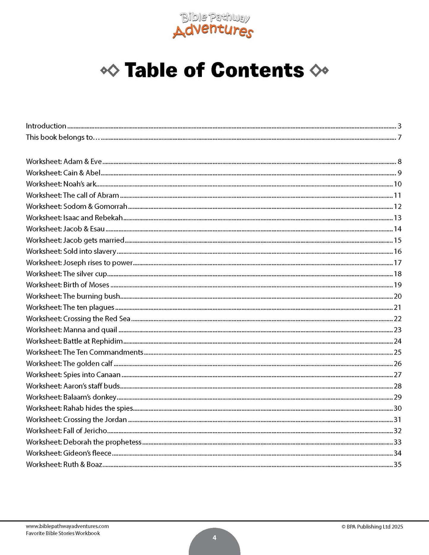 Table of contents for a Bible study workbook titled 'Favorite Bible Stories Workbook'