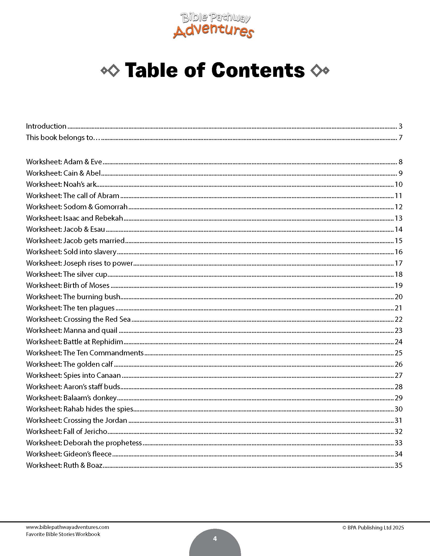 Table of contents for a Bible study workbook titled 'Favorite Bible Stories Workbook'