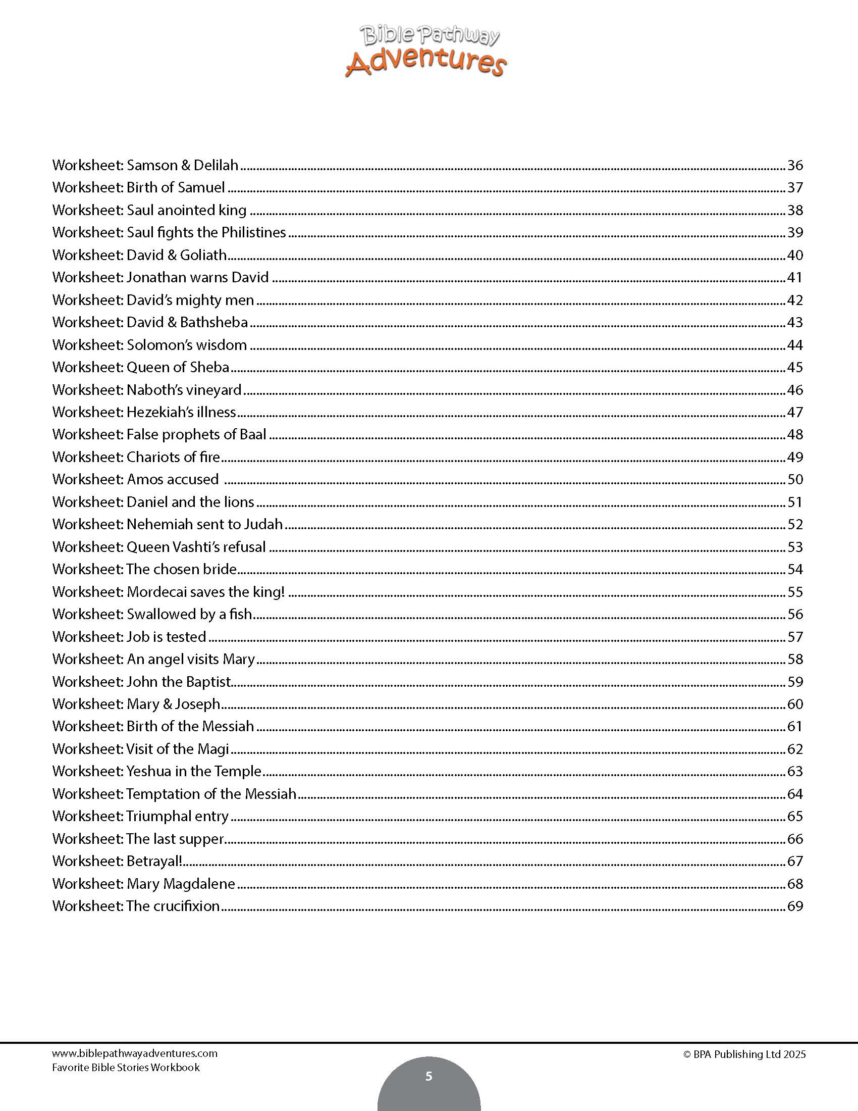 Table of contents for a Bible study workbook titled 'Favorite Bible Stories Workbook'