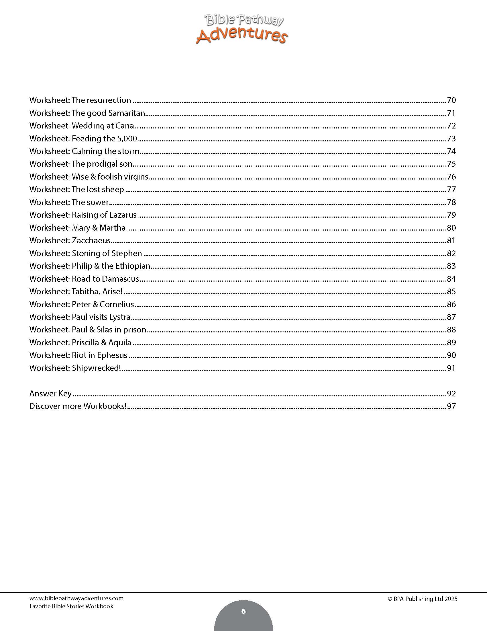 Table of contents for a Bible study workbook titled 'Favorite Bible Stories Workbook'