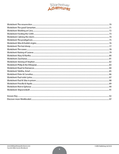 Table of contents for a Bible study workbook titled 'Favorite Bible Stories Workbook'
