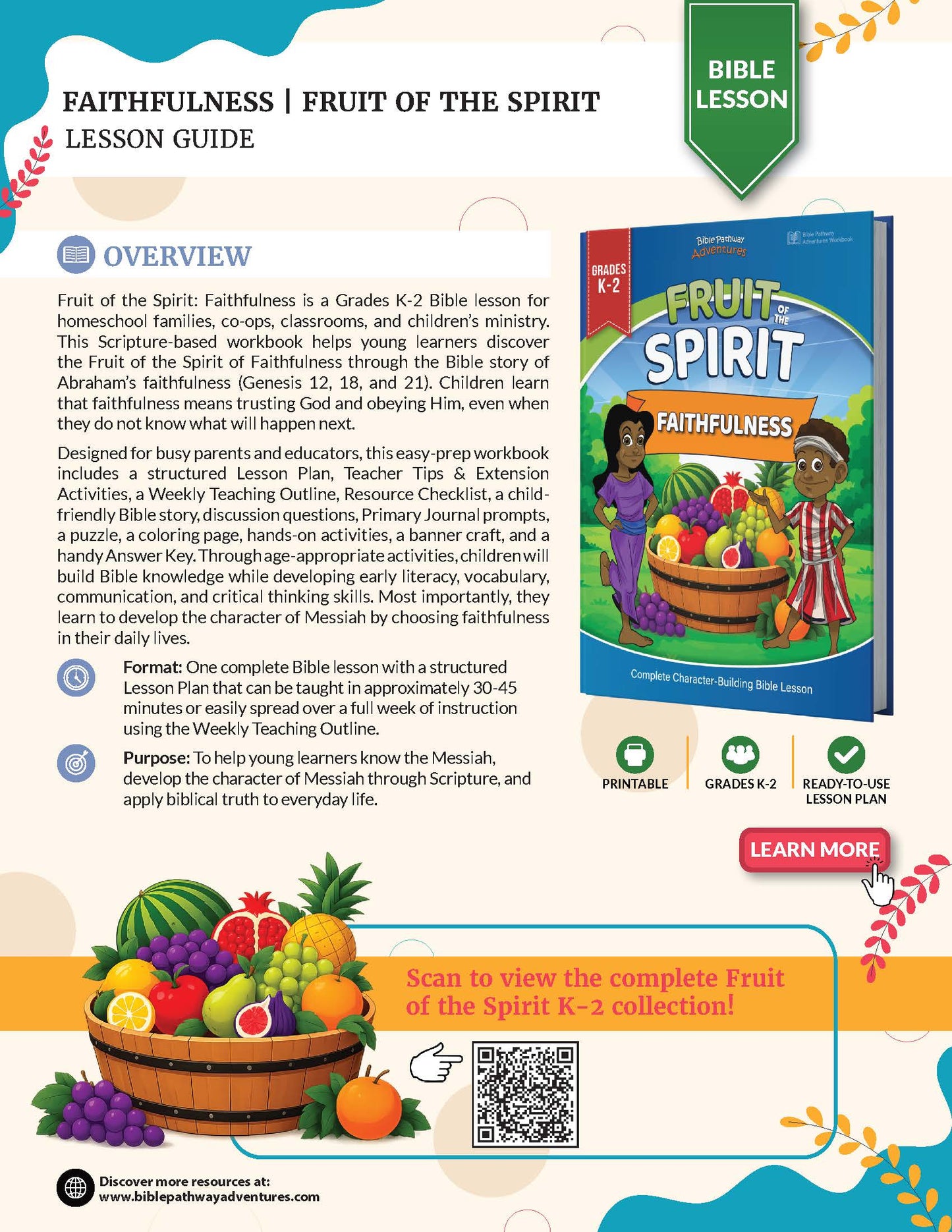 Promotional graphic for the 'Fruit of the Spirit: Faithfulness' Bible Lesson Planner, showing the cover of the printable workbook, educational details, and a blue banner at the bottom with a 'Learn More' call-to-action.