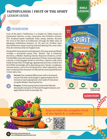 Promotional graphic for the 'Fruit of the Spirit: Faithfulness' Bible Lesson Planner, showing the cover of the printable workbook, educational details, and a blue banner at the bottom with a 'Learn More' call-to-action.