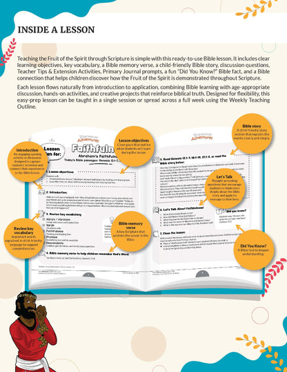 Fruit of the Spirit: Faithfulness - An educational Bible lesson poster titled 'INSIDE A LESSON' with a large open book illustration and multiple callout bubbles explaining lesson objectives, biblical story, key vocabulary, memory verse, and discussion questions. A small illustrated child appears in the bottom-left corner.