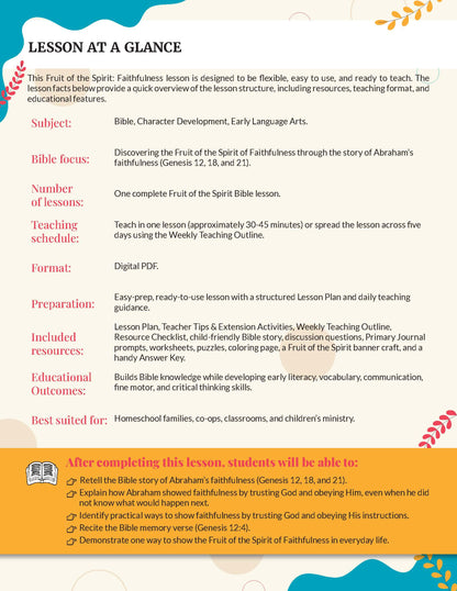 Fruit of the Spirit: Faithfulness - A digital preview page for a Bible lesson titled 'LESSON AT A GLANCE' with text describing the lesson's subject, Bible focus, number of lessons, teaching schedule, format, preparation, included resources, and learning outcomes. The page has a white background with black text and small colored icons.