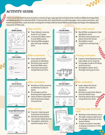 An educational activity guide poster for a Fruit of the Spirit: Faithfulness - featuring a grid of colorful activity panels with text and illustrations for map, worksheet, word search, tracing worksheet, Bible activity, coloring page, and banner craft.