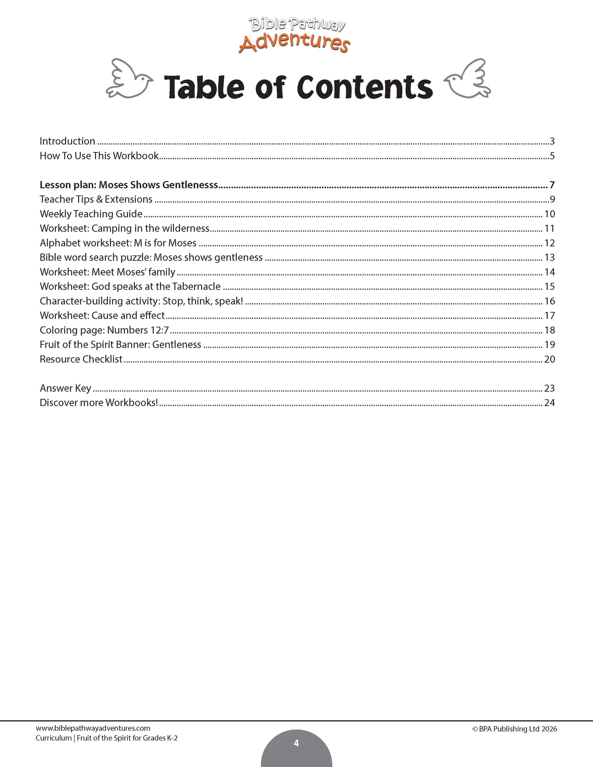 A digital preview of a Bible teaching workbook's table of contents page, titled 'Table of Contents' under the 'Bible Teaching Adventures' logo. The page is white with black text listing various lesson and worksheet topics, and a gray footer bar at the bottom with publisher details.