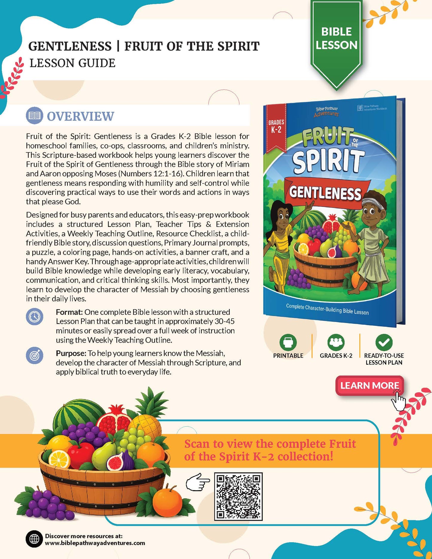 A promotional graphic for the 'Gentleness: Fruit of the Spirit Lesson Guide' from Discovering Bible Activities. The graphic features a preview of the printed lesson guide on the right, showing a blue and red book cover, alongside an 'OVERVIEW' section with text and icons on the left, and a 'LEARN MORE' button at the top right.