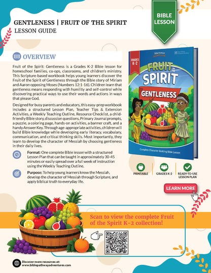 A promotional graphic for the 'Gentleness: Fruit of the Spirit Lesson Guide' from Discovering Bible Activities. The graphic features a preview of the printed lesson guide on the right, showing a blue and red book cover, alongside an 'OVERVIEW' section with text and icons on the left, and a 'LEARN MORE' button at the top right.