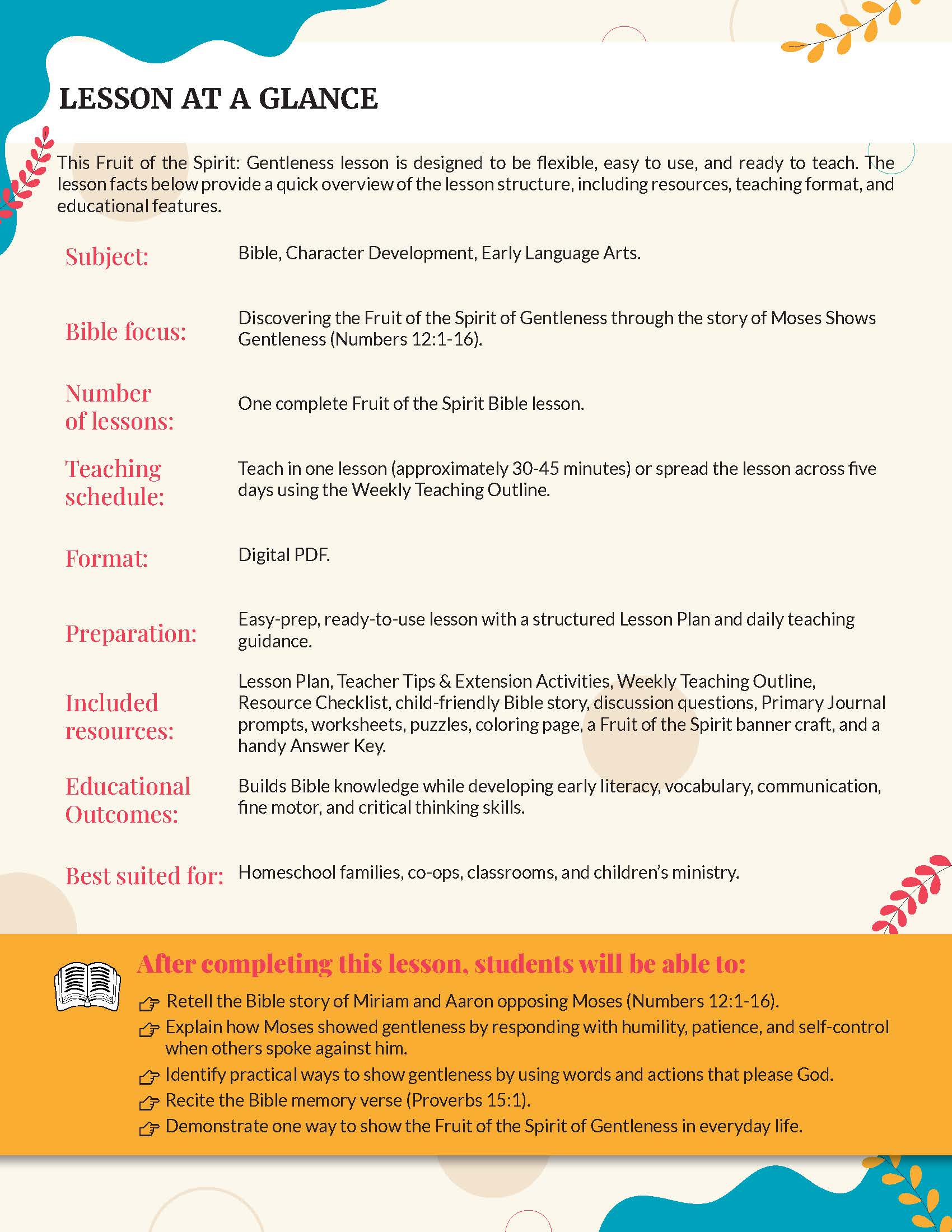 Fruit of the Spirit: Gentleness' workbook for grades K-2 - A digital preview page for a Bible lesson titled 'LESSON AT A GLANCE' with text describing the lesson's subject, Bible focus, number of lessons, teaching schedule, format, preparation, included resources, and learning outcomes. The page has a white background with black text and small colored icons.