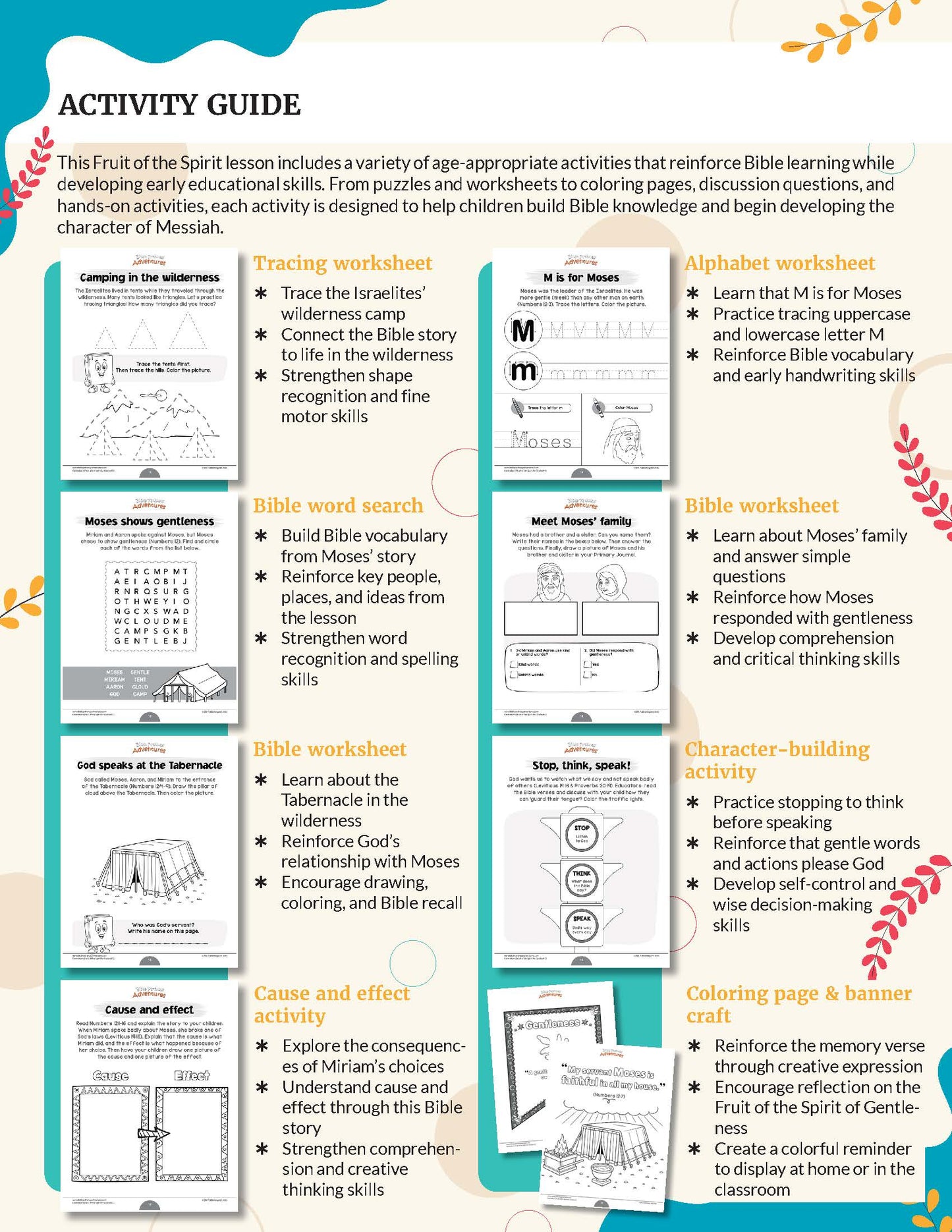 An educational activity guide poster titled 'ACTIVITY GUIDE' for Fruit of the Spirit: Gentleness' workbook for grades K-2, featuring a colorful grid of lesson plans, worksheets, and coloring pages with illustrations and text descriptions.