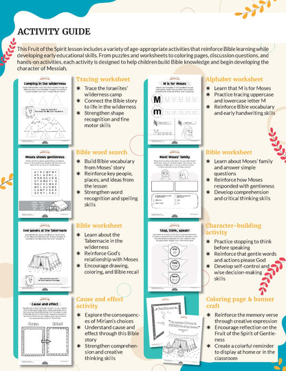 An educational activity guide poster titled 'ACTIVITY GUIDE' for Fruit of the Spirit: Gentleness' workbook for grades K-2, featuring a colorful grid of lesson plans, worksheets, and coloring pages with illustrations and text descriptions.