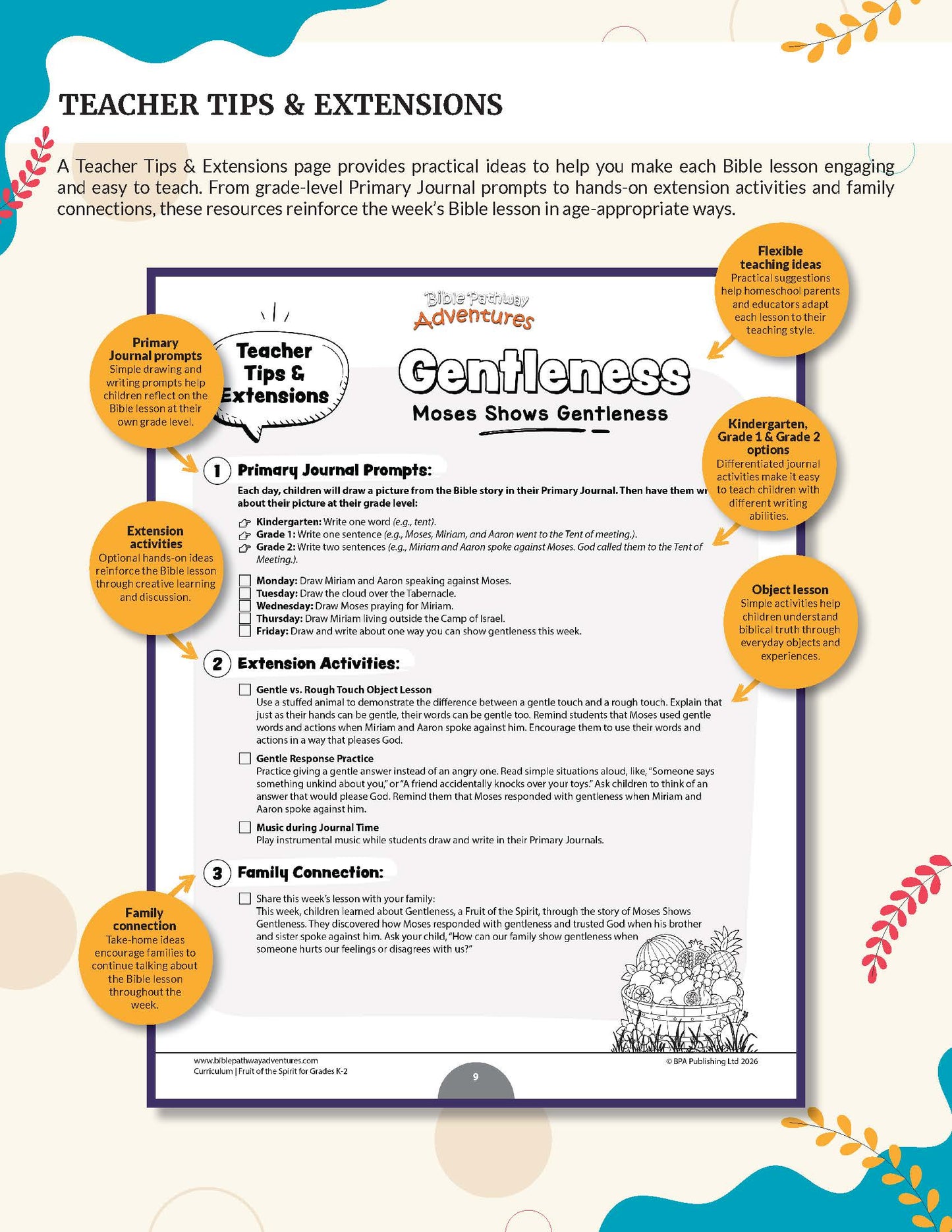 Fruit of the Spirit: Gentleness' workbook for grades K-2 - A printed or digital teacher resource sheet titled 'Teacher Tips & Extensions' for the Advent of Genfulness: Moses Shows Gentleness. The page features a central white worksheet area with lesson prompts and activities, surrounded by six orange circular callouts with additional teaching tips, all on a light blue background with decorative illustrations.