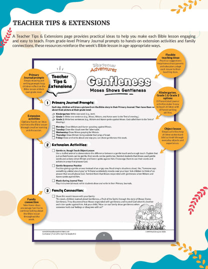 Fruit of the Spirit: Gentleness' workbook for grades K-2 - A printed or digital teacher resource sheet titled 'Teacher Tips & Extensions' for the Advent of Genfulness: Moses Shows Gentleness. The page features a central white worksheet area with lesson prompts and activities, surrounded by six orange circular callouts with additional teaching tips, all on a light blue background with decorative illustrations.