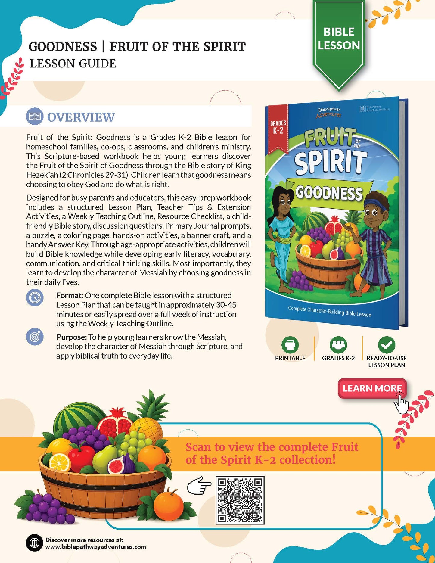 A promotional flyer for the 'Goodness from Fruit of the Spirit Lesson Guide' Bible lesson. The flyer features a colorful layout with illustrations of leafy vines and a grapevine, showcasing the book cover of the lesson guide.
