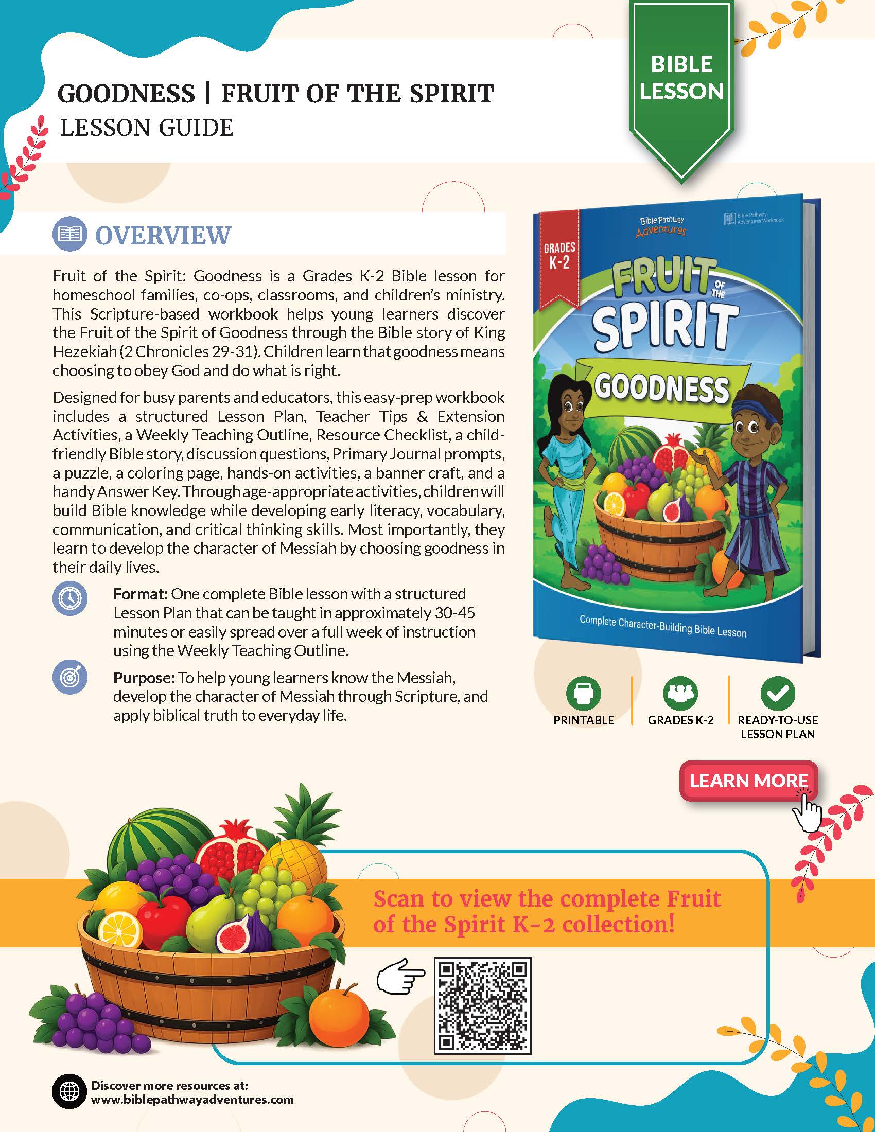A promotional flyer for the 'Goodness from Fruit of the Spirit Lesson Guide' Bible lesson. The flyer features a colorful layout with illustrations of leafy vines and a grapevine, showcasing the book cover of the lesson guide.