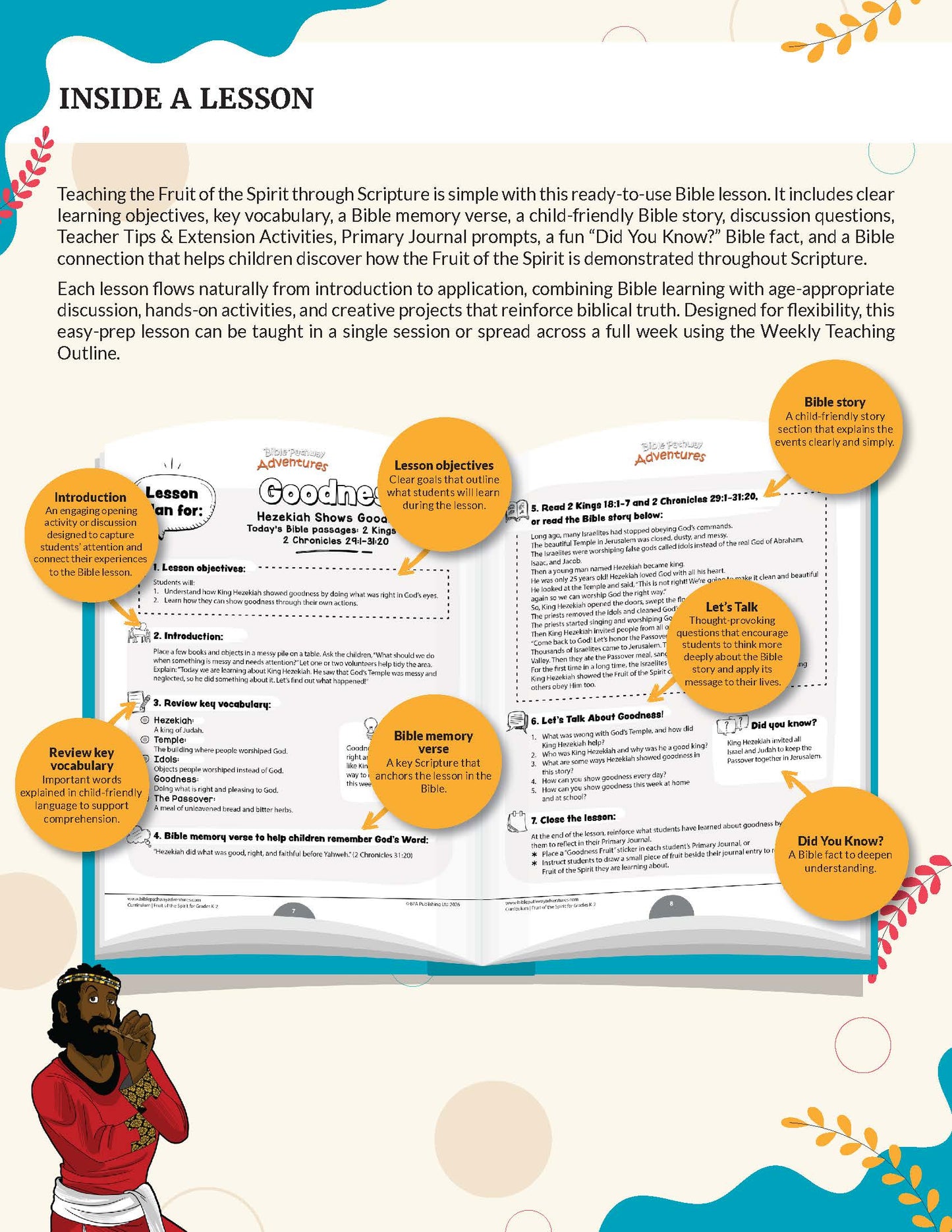A product preview graphic for a Bible lesson planner booklet titled 'Fruit of the Spirit Goodness' workbook for grades K-2'. The graphic shows the front cover of the booklet, which features a light blue background with white text and orange decorative accents, alongside an illustration of an open book displaying lesson pages.