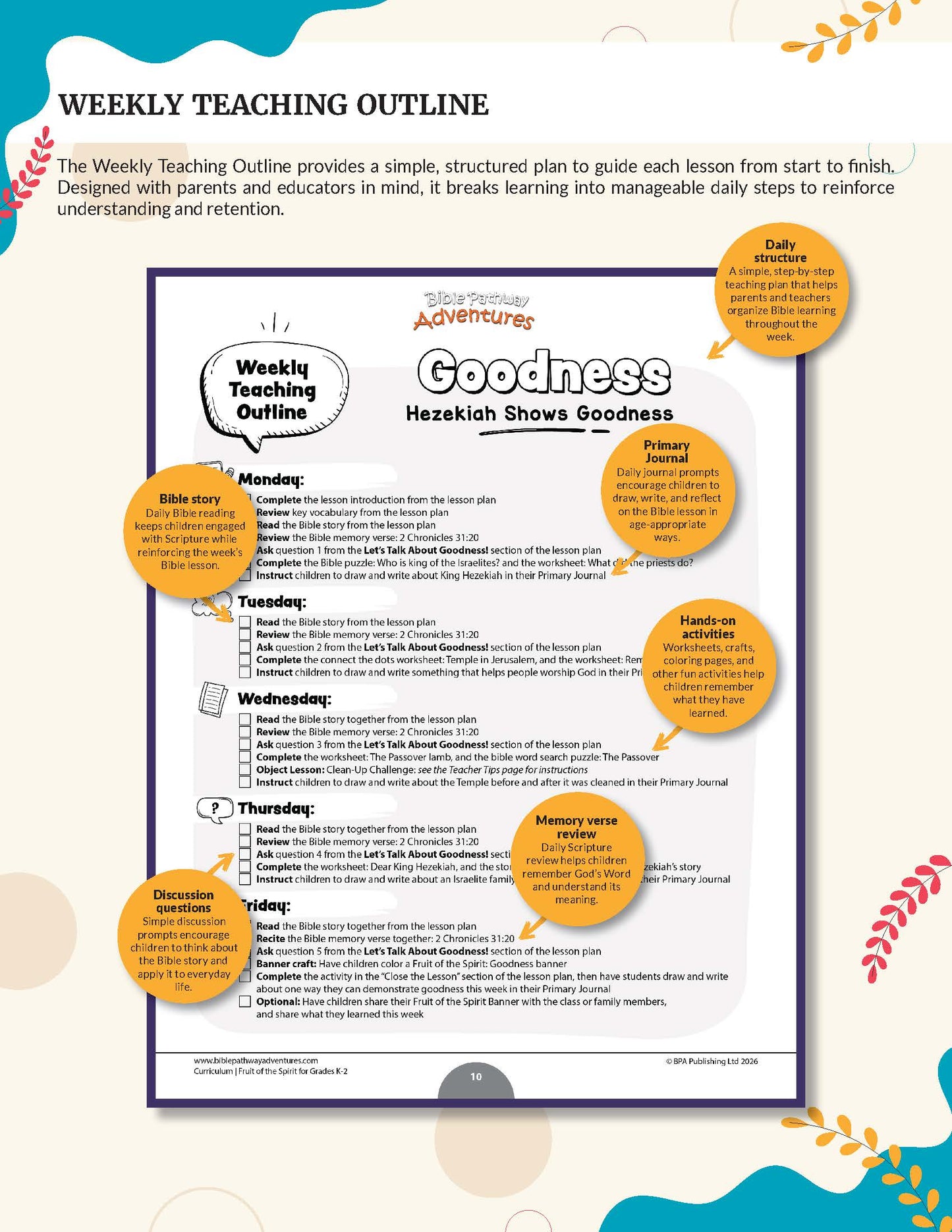 A weekly teaching outline poster titled 'Goodness: Hezekiah Shows Goodness' from Fruit of the Spirit Goodness' workbook for grades K-2, displayed on a light beige background with decorative teal and orange accents.