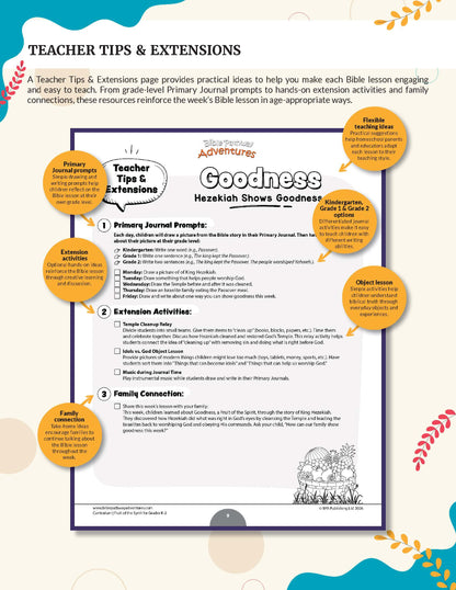 A printed or digital educational worksheet titled 'Teacher Tips & Extensions' featuring a central lesson plan for 'Fruit of the Spirit Goodness' workbook for grades K-2' from Adventures in Bible Stories. The page includes orange circular callouts with teaching tips, sample journal prompts, extension activities, family connection, and a small illustration of a child at the bottom, all on a cream background with decorative leaf motifs.