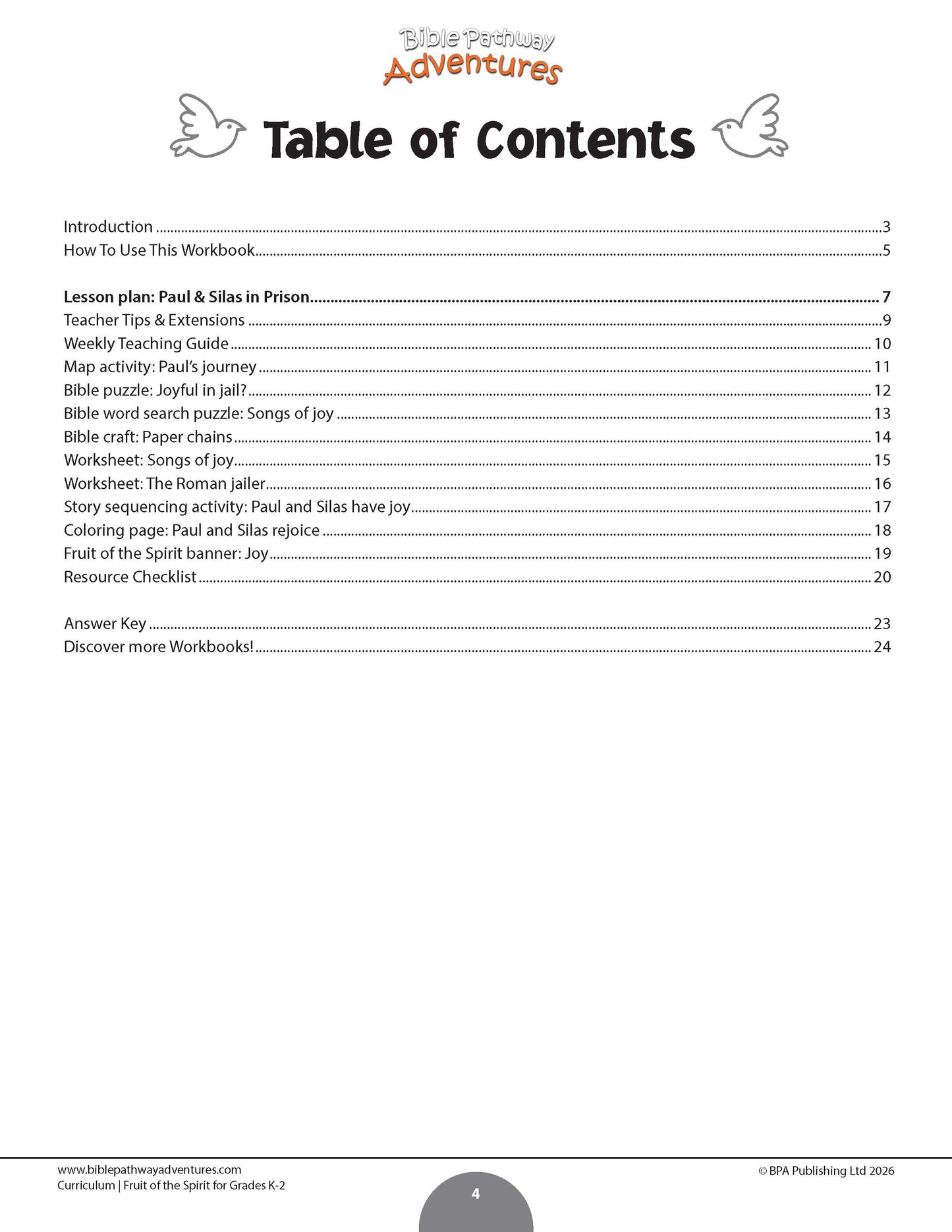 A table of contents page from a Bible activity workbook titled 'Joy Fruit of the Spirit'. The page features a clean white background with black text listing various lesson sections, activities, worksheets, and a coloring page.
