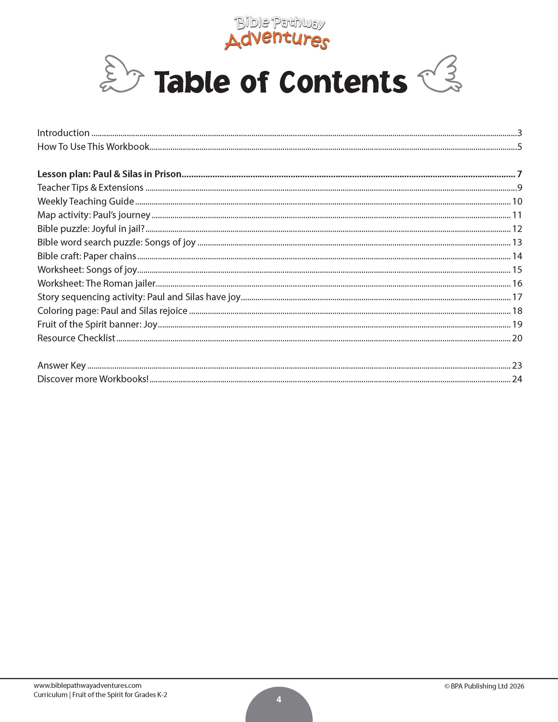 A table of contents page from a Bible activity workbook titled 'Joy Fruit of the Spirit'. The page features a clean white background with black text listing various lesson sections, activities, worksheets, and a coloring page.