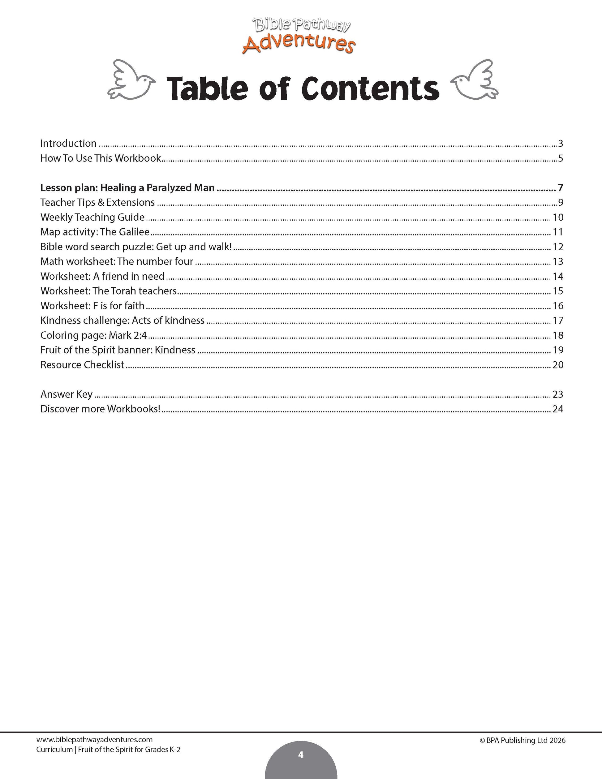 A flat, front-facing view of a printed worksheet or workbook page Fruit of the Spirit Kindness' workbook for grades K-2 -  The page contains a list of sections and page numbers in black text on a white background, with small decorative bird illustrations on the left and right of the title.