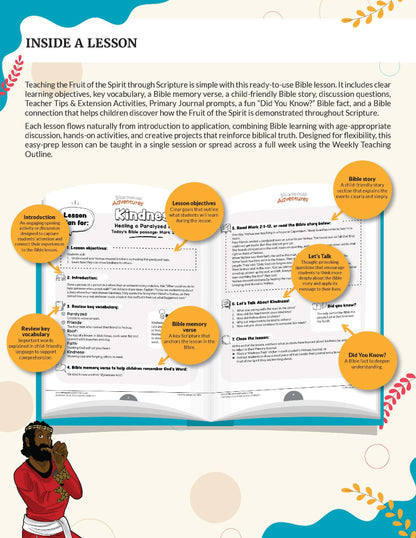 Fruit of the Spirit Kindness' workbook for grades K-2 - An educational Bible lesson guide cover titled 'INSIDE A LESSON' with a large open book illustration in the center, surrounded by callout circles and decorative teal and orange accents on a white background.