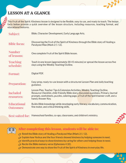 Fruit of the Spirit Kindness' workbook for grades K-2 - A digital lesson plan cover titled 'LESSON AT A GLANCE' for Bible, Character Development, and Early Language Arts, focusing on the Fruit of the Spirit of Kindness. The document features a white background with red, orange, and green decorative accents, a light blue header, and an orange footer with text and icons.