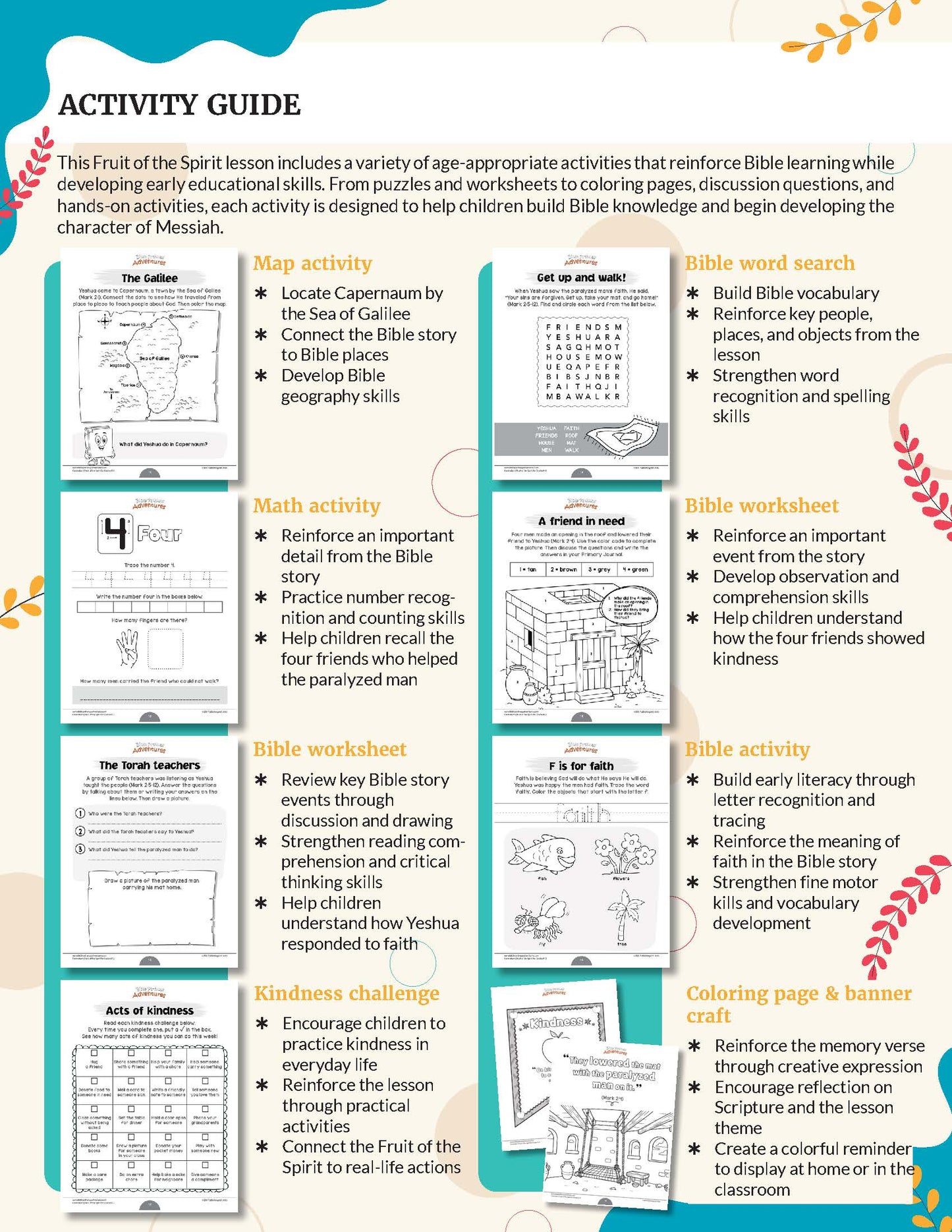 Fruit of the Spirit Kindness' workbook for grades K-2 - An educational activity guide poster for 'This Fruit of the Spirit lesson' featuring a grid of eight activity panels with text and small previews of worksheets, maps, and cards, framed by teal and white borders with decorative leaf illustrations.