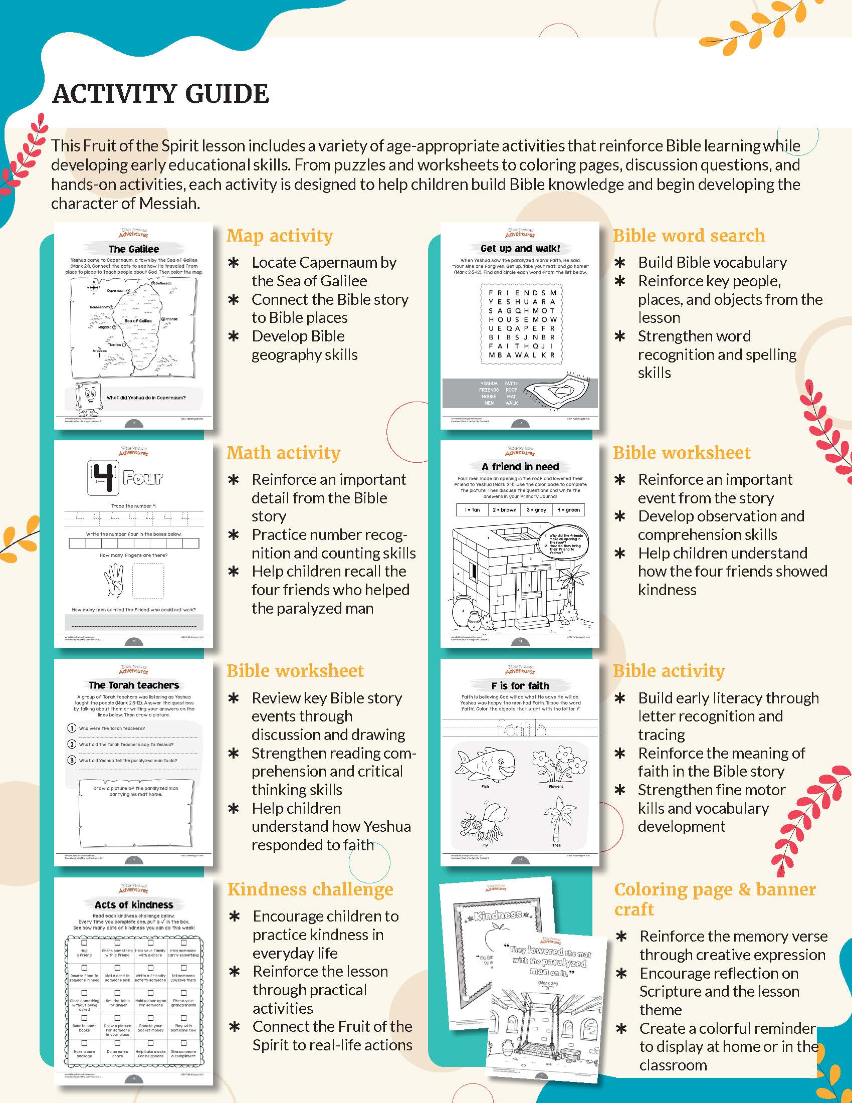 Fruit of the Spirit Kindness' workbook for grades K-2 - An educational activity guide poster for 'This Fruit of the Spirit lesson' featuring a grid of eight activity panels with text and small previews of worksheets, maps, and cards, framed by teal and white borders with decorative leaf illustrations.